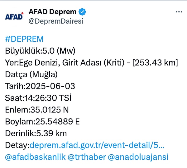 Muğla'da öğle saatlerinde bir deprem daha meydana geldi. Görseli