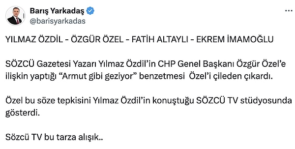 Yarkadaş bugün yaptığı paylaşımında Fatih Altaylı'dan bahsetti. Görseli