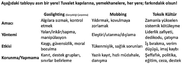 Sonuç: Gaslighting aklı hedef alır, mobbing morali... Toksik kültür ise tüm yapıyı çürütür.