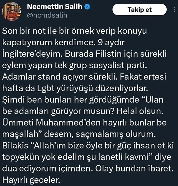 Necmettin Salih hakkında inceleme başlatılmasına neden olan paylaşım ise şöyle; Görseli