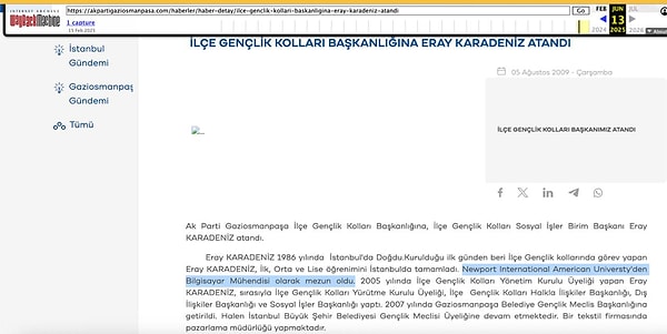 Karadeniz’in üyesi olduğu AKP Gaziosmanpaşa İlçe Teşkilatı’nın internet sayfasında Karadeniz’in ilçe gençlik kolları başkanı atanması ardından özgeçmişinde “Newport International American Universty'den Bilgisayar Mühendisi olarak mezun oldu” ifadelerine yer verildi. Görseli