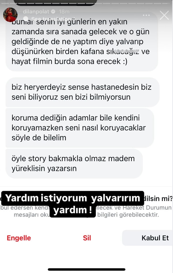 Vücuduna 7 kurşun isabet eden koruma ağır yaralı şekilde hastaneye kaldırılırken Dilan Polat sosyal medyadan aldığı ölüm tehdidini paylaştı.