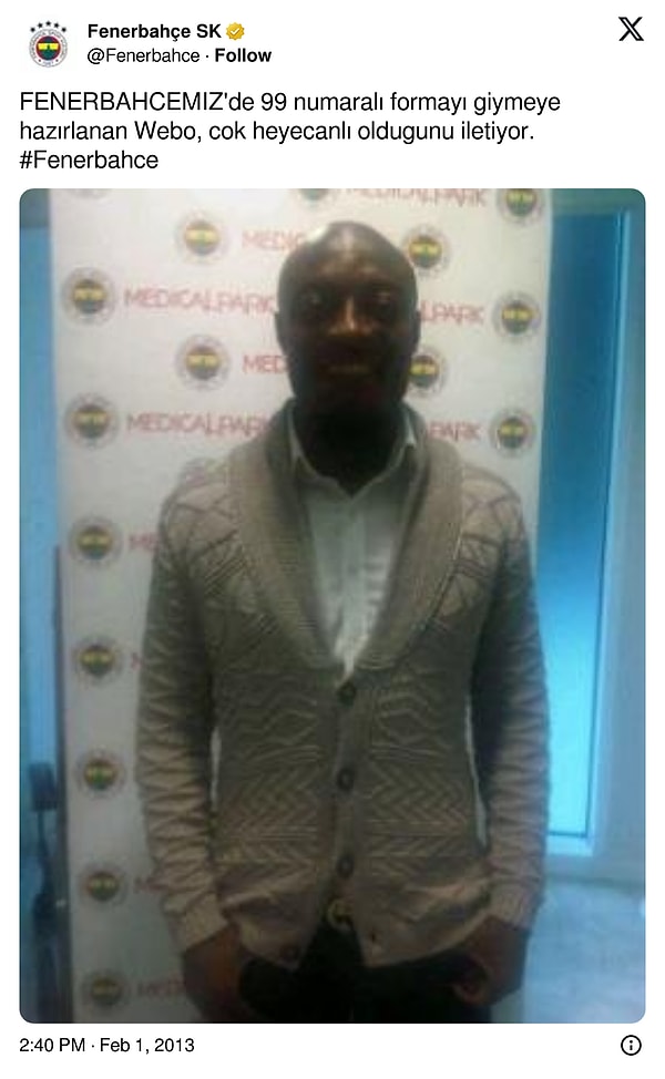 Fenerbahçe, 2012-2013 sezonunun devre arasında Webo'yu kadrosuna katmıştı, yeni transferin duyurusundan biri bu tweetle olmuştu 👇