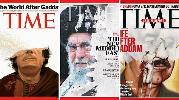 Saddam ve Kaddafi de benzer tasvirlerle Time kapağında yer almıştı.