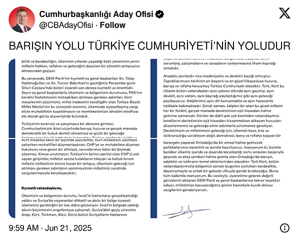 Ekrem İmamoğlu, resmi X hesabından Terörsüz Türkiye mesajı paylaştı: Görseli