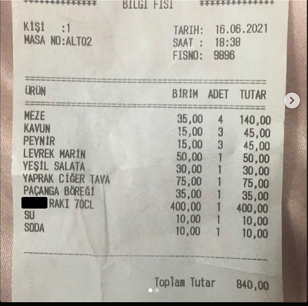 Bundan yaklaşık 4 sene önce Bodrum'daki bir restoranın adisyonu ise tam olarak oturup ağlamalık.