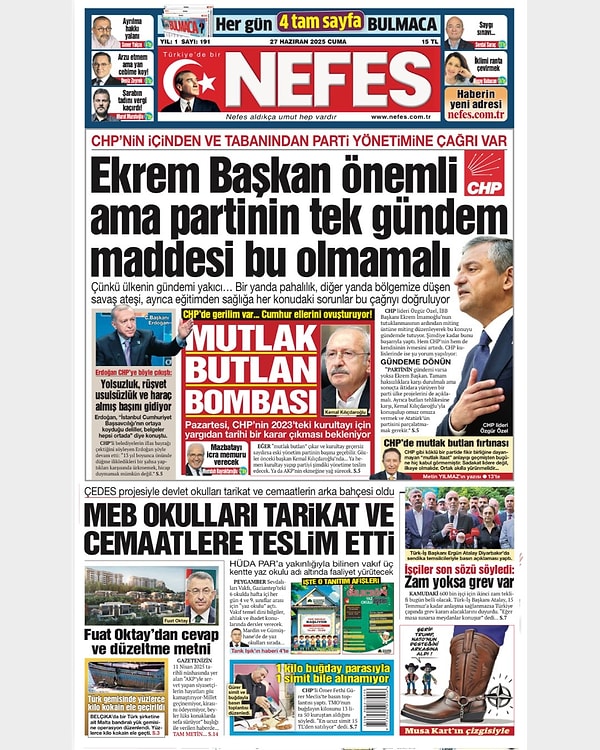 CHP'de Ekrem İmamoğlu, Kemal Kılıçdaroğlu, Özgür Özel, Mansur Yavaş kargaşası devam ederken Nefes Gazetesinden okuyucularını şaşırtan bir manşet geldi.