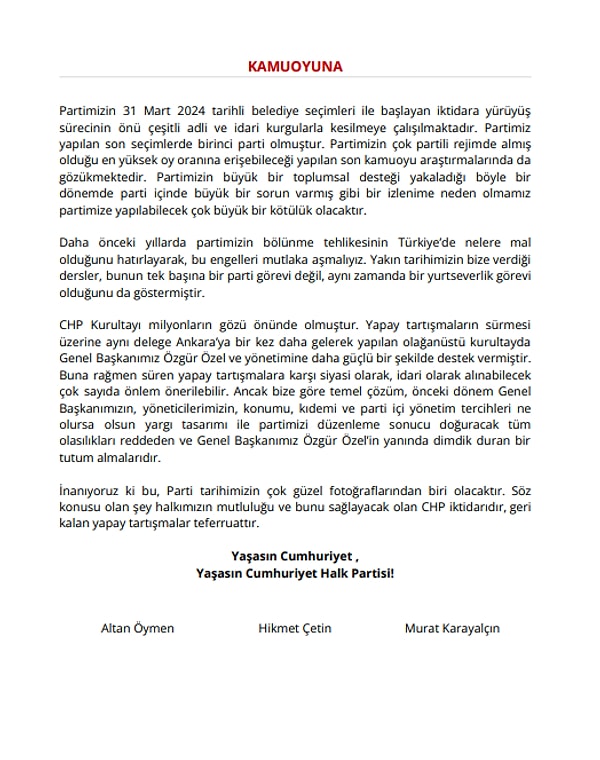 CHP'li eski başkanları ortak bildirisi şöyleydi: