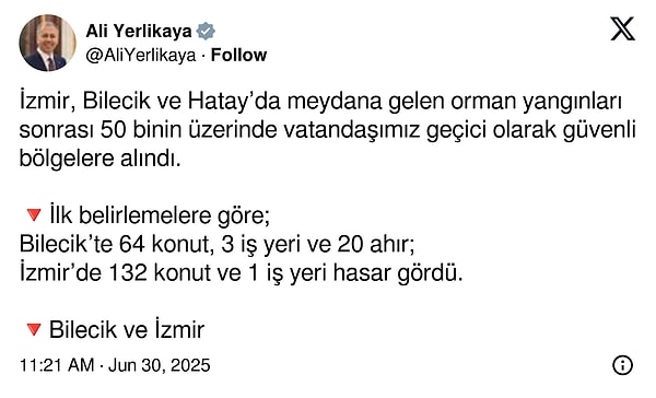 İçişleri Bakanı Ali Yerlikaya: "50 binin üzerinde vatandaş tahliye edildi."