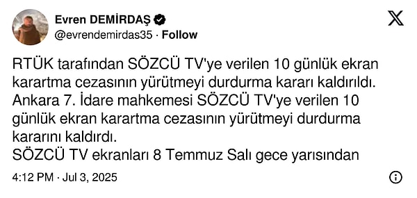 İşte, Sözcü TV yazarlarından Evren Demirdaş'ın konuya ilişkin açıklaması: 👇
