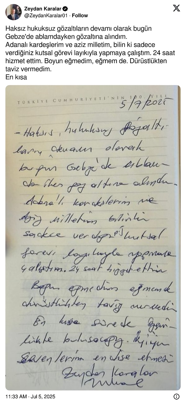 Adana Büyükşehir Belediye Başkanı Zeydan Karalar'ın X hesabından el yazısıyla bir not paylaşıldı.