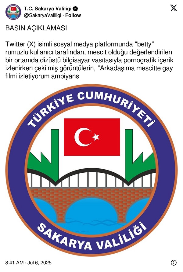 Sakarya Valiliği'nden resmi bir açıklama yapıldı.
