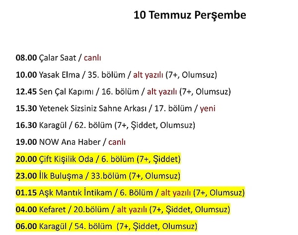 NOW TV 10 Temmuz Perşembe Yayın Akışı