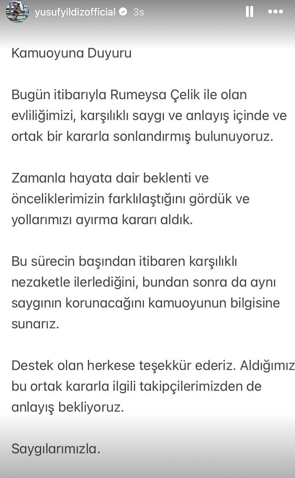 Yusuf Yıldız, iddiaların ortaya atılmasından günler sonra eşi Rümeysa ile boşandıklarını açıkladı.