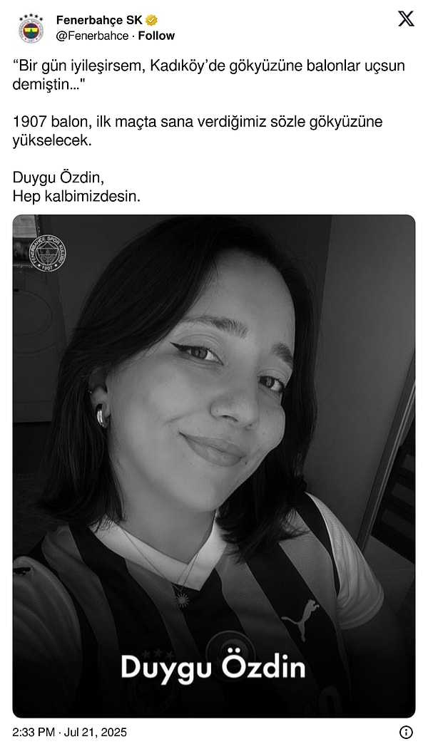 Fenerbahçe’de yapılan açıklamada, Duygu Özdin için balon uçurulacağı duyuruldu.