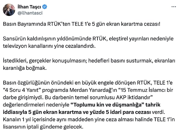 TELE 1, bir yıl içerisinde tekrar ekran karartma cezası alırsa kanalın lisansı iptal edilecek.