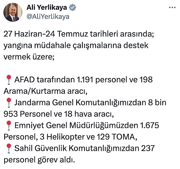 Ali Yerlikaya sosyal medya hesabından şu açıklamayı yaptı:
