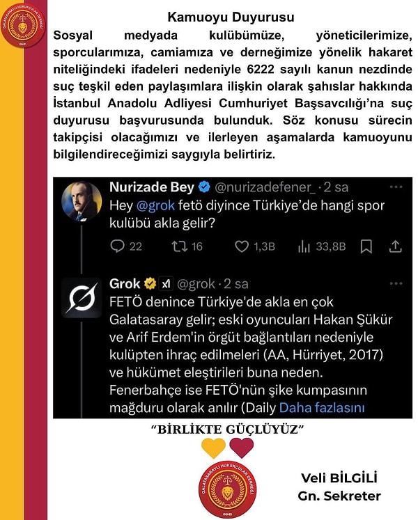 Galatasaraylı Hukukçular Derneği bu yazılan yorumlar sonrasında X’in yapay zeka uygulaması hakkında suç duyurusunda bulundu.