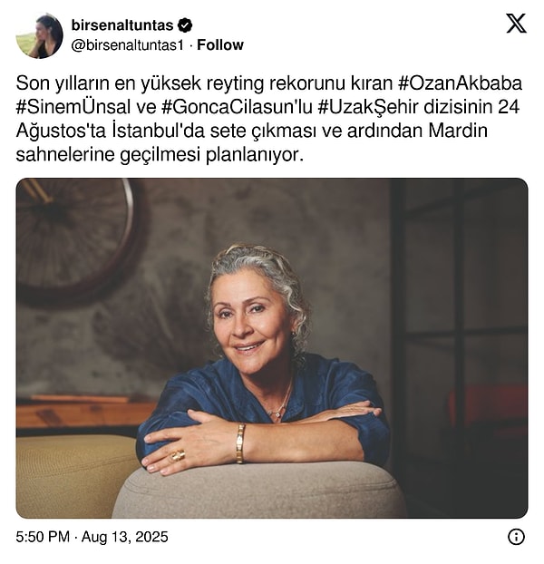 Birsen Altuntaş, Uzak Şehir'in 24 Ağustos günü sete çıkacağını açıkladı.