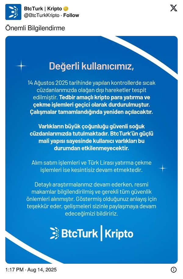 BtcTurk'ten açıklama geldi.