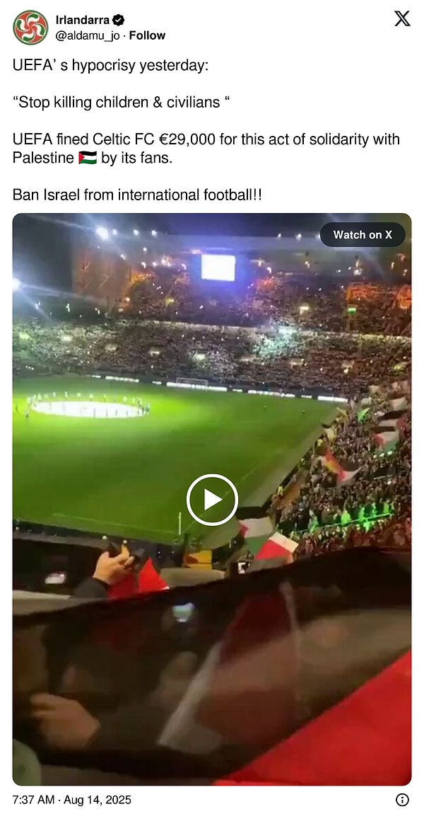 UEFA’nın dünkü iki yüzlülüğü:  “Çocukları ve sivilleri öldürmeyi bırakın.”  UEFA, taraftarlarının Filistin’le 🇵🇸 dayanışma gösterisi nedeniyle Celtic FC’ye 29 bin avro para cezası kesti.  İsrail’i uluslararası futboldan men edin!