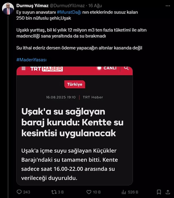 Eski Merkez Bankası Durmuş Yılmaz Uşak’ta yaşanan bu duruma isyan etti.