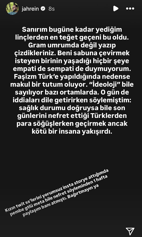 Jahrein, eleştirilerin ardından bir açıklama yaparak "Bugüne kadar yediğim linçlerden en teğet geçeni bu oldu." dedi.