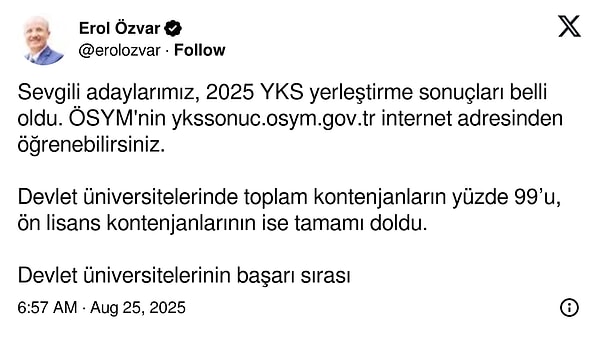 Yükseköğretim Kurulu (YÖK) Başkanı Erol Özvar'ın paylaşımı;