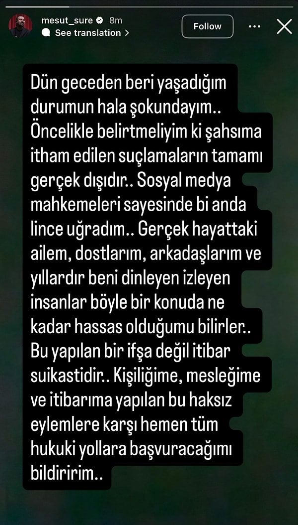Mesut Süre, sosyal medya hesabından yaptığı açıklamayla hakkındaki taciz iddialarıyla ilgili sessizliğini bozdu.