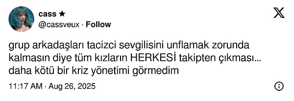 @cassveux isimli X kullanıcısı attığı tweette Manifest grubu kızlarının sadece Mina Solak'ın sevgilisini takipten çıkmak yerine herkesi takipten çıktıklarını iddia etti.