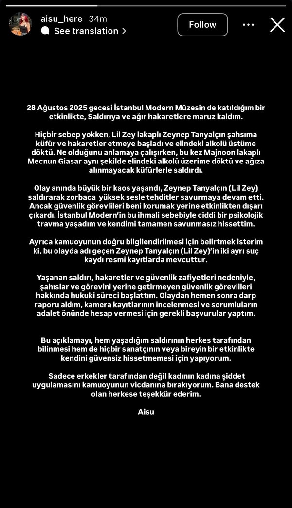 Olayların ardından sessizliğini bozan Aisu (Su Özcan), sosyal medya hesabından sert bir açıklama yaptı: