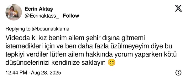 Videonun sahibi Ecrin Aktaş, ailesi hakkında yapılan kötü yorumlara tepki gösterdi👇🏻