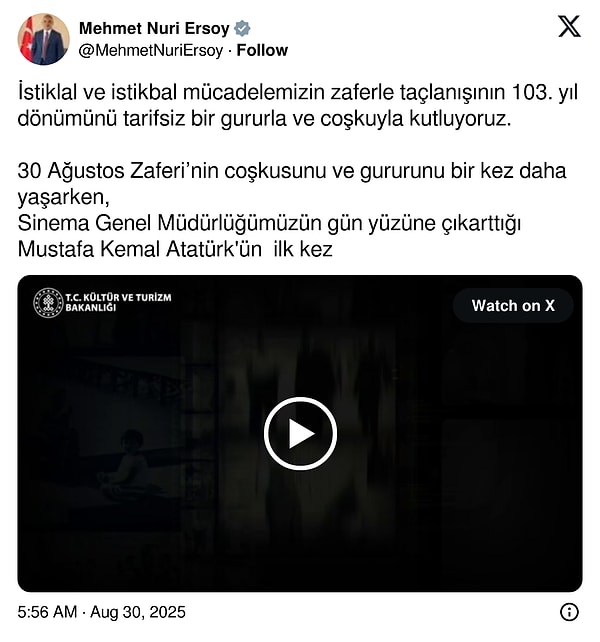 Kültür ve Turizm Bakanı Mehmet Nuri Ersoy, bakanlığı bağlı Sinema Genel Müdürlüğü tarafından ortaya çıkartılan görüntüleri paylaştı.