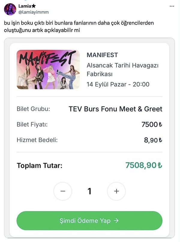 X'te bu sefer de Manifest kızlarının her konserinde bir satın alma seçeneği olarak çıkan "TEV Burs Fonu Mert & Greet" biletinin fiyatı tepki çekti.