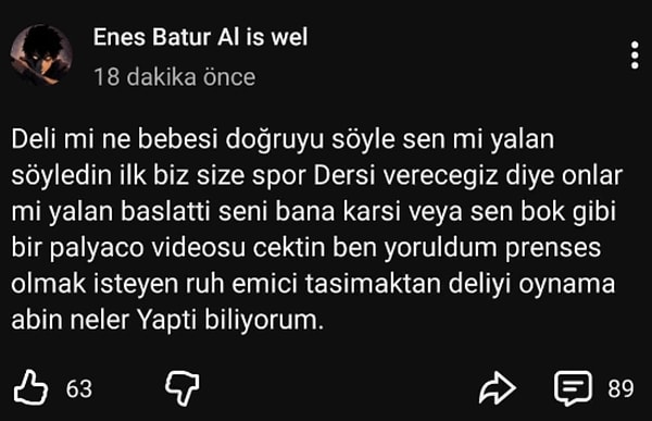 YouTube dünyasında tansiyon yeniden yükseldi! Enes Batur, sosyal medyadan yaptığı paylaşımda Deli Mi Ne ile ilgili sert ifadeler kullandı.