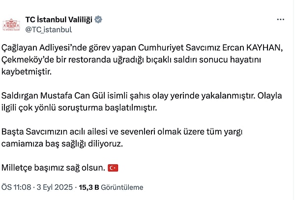İstanbul Valiliği de yaşanan acı olayla ilgili açıklamada bulundu.