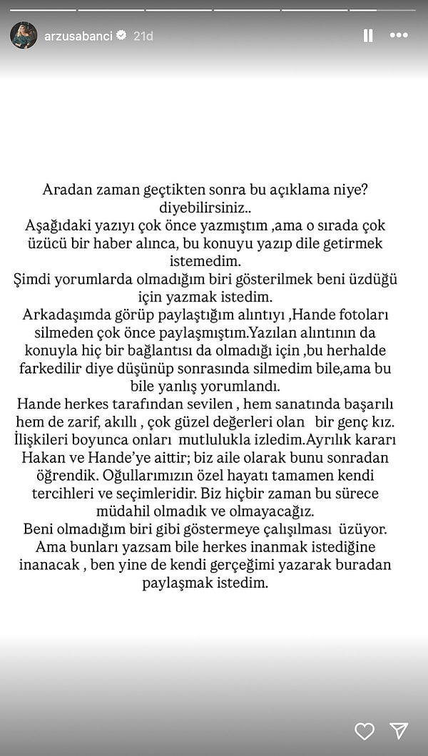 Arzu Sabancı'nın açıklamasının tamamını sizler için şöyle bırakalım...