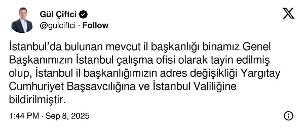 CHP Seçim ve Parti Hukuk İşlerinden Sorumlu Genel Başkan Yardımcısı Gül Çiftçi kararı X'te duyurdu.