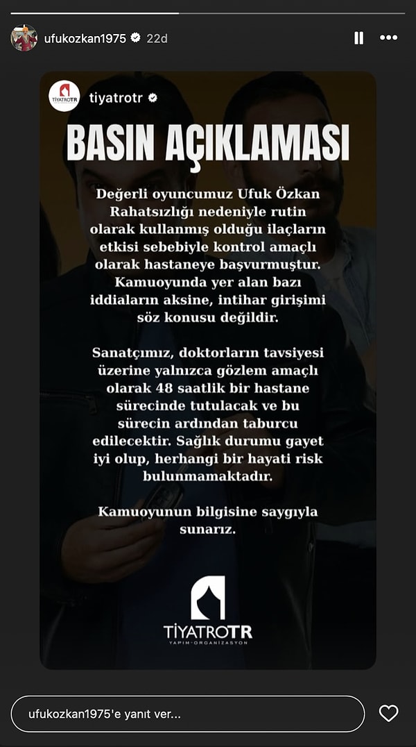 Öte yandan Ufuk Özkan'ın kendi sosyal medya hesabından da bir basın açıklaması paylaşıldı.