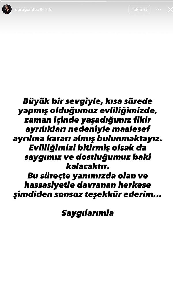 Ancak bugün Ebru Gündeş Instagram hesabından Özdemir’le yollarını ayırma kararı aldıklarını duyurdu. 👇