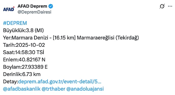 Yine İstanbul’dan da hissedilen depremlerin ikincisi 14:58’de oldu.