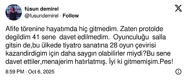 Füsun Demirel, 27. Yapı Kredi Afife Tiyatro Ödülleri'ne yönelik eleştirisini  X hesabı üzerinden paylaştı.
