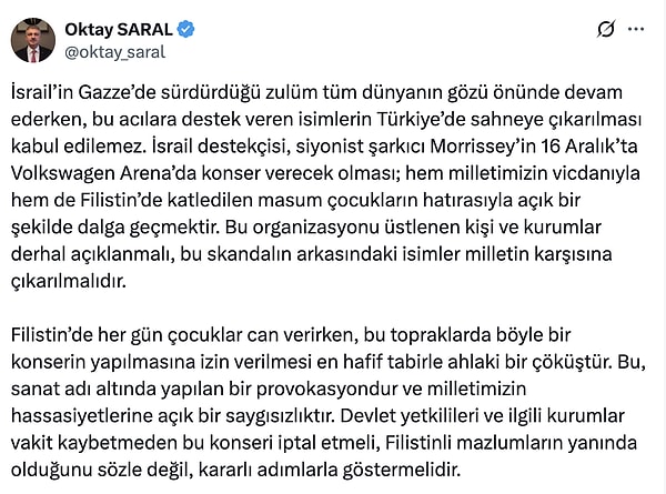 Cumhurbaşkanı Başdanışmanı Oktay Saral, İstanbul konseriyle ilgili tepki gösterdi.