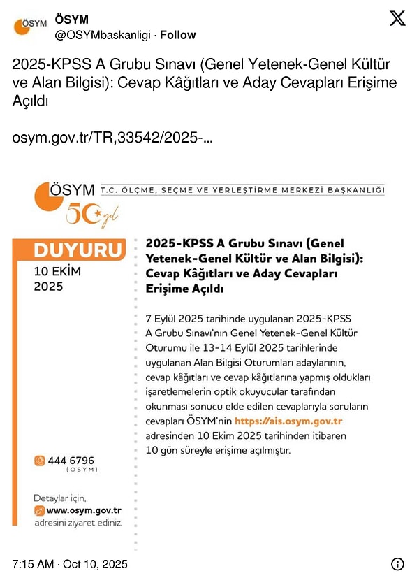 2025-KPSS A Grubu Sınavı Cevap Kağıtları ve Aday Cevapları da Erişime Açıldı