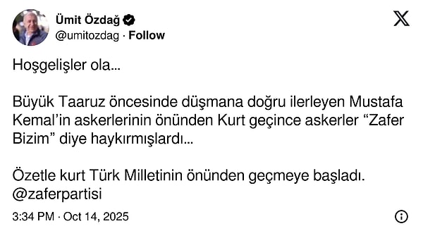 Zafer Partisi Genel Başkanı Ümit Özdağ, kent merkezinde görülen kurt ile ilgili paylaşımda bulundu. 👇