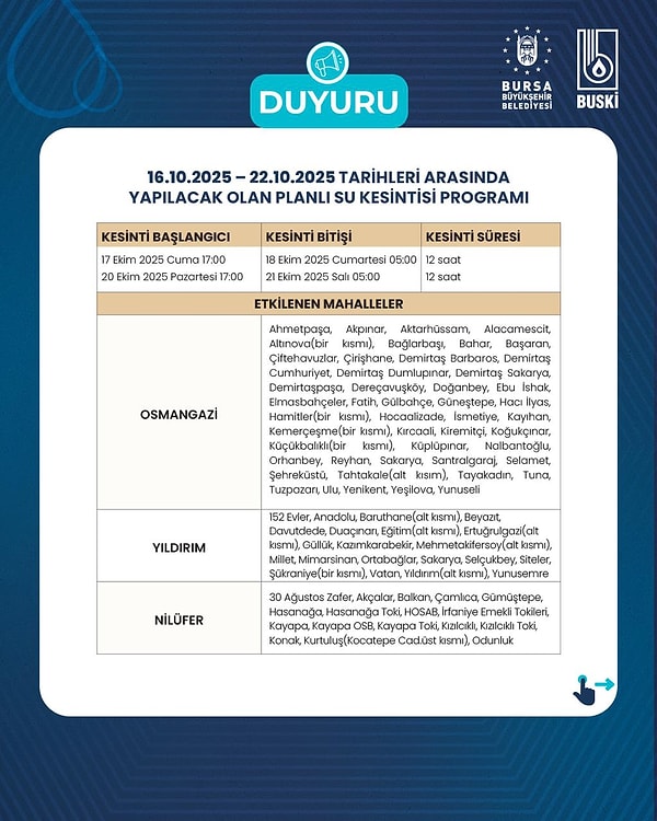 17-18 Ekim ve 20-21 Ekim Bursa Su Kesintisi