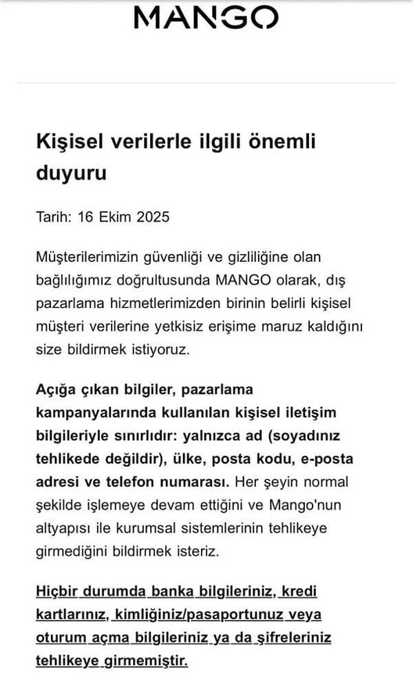 Mango'nun yaptığı kişisel verilerin çalınmasına dair açıklama: