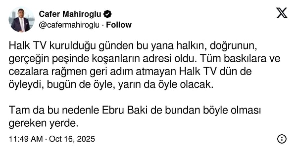 Halk TV'nin sahibi Cafer Mahiroğlu da konuya ilişkin paylaşım yaptı.