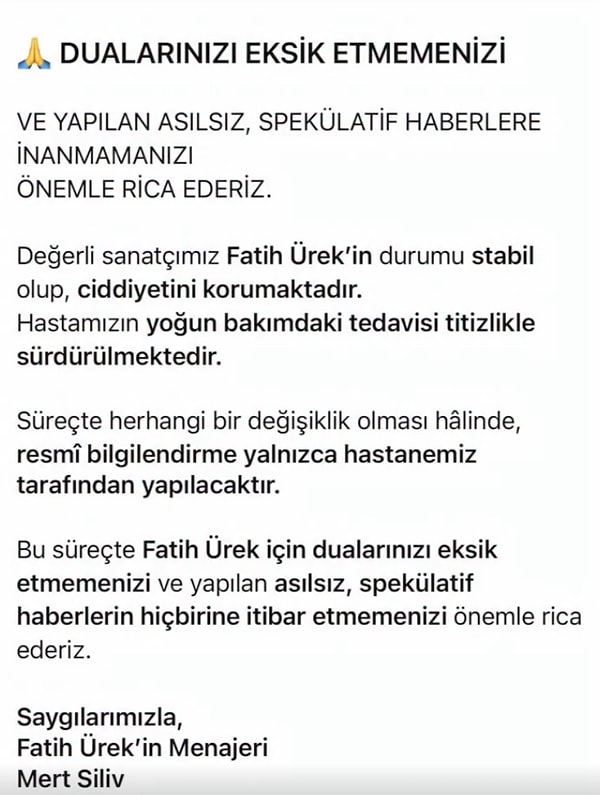 Fatih Ürek'in menajerinden sağlık durumu hakkında paylaşım geldi.