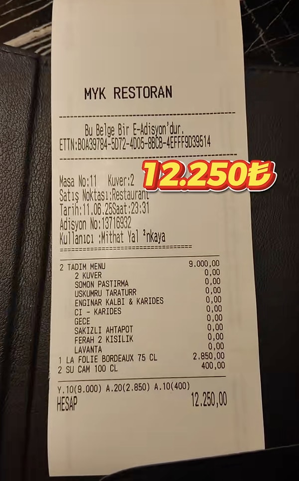 @enes kullanıcı adlı TikTok kullanıcının paylaştığı MYK Restoran hesap adisyonunu da buraya bırakıyoruz: